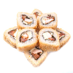 Deep fried japanese tempura roll with chicken breast, tomatoes, mozzarella cheese crispy breading - isolated in white background