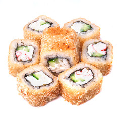 Deep fried japanese tempura roll with snow crab, cucumber, sesame, unagi sauce, cream cheese and crispy breading - isolated in white background