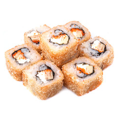 Deep fried japanese tempura roll with japanese omelette, orange caviar masago,unagi sauce, cream cheese and crispy breading - isolated in white background