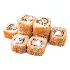 Deep fried japanese tempura roll with mussels, sesame, bacon and cream cheese, crispy breading - isolated in white background