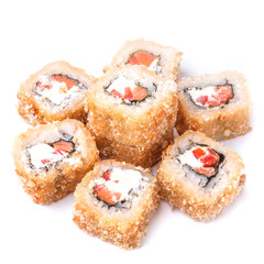 Deep fried japanese tempura roll with paprika, unagi sauce, salmon, cream cheese and crispy breading - isolated in white background