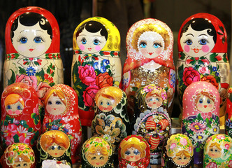 Many traditional russian matryoshka dolls as souvenirs