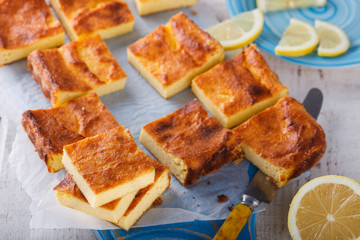 Cottage cheese pudding cake with lemon.selective focus.