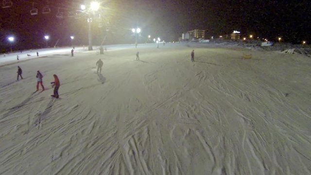 Aerial shot of ski slope the Bukovel resort at night