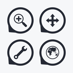 Magnifier glass and globe signs. Fullscreen.