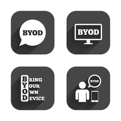 BYOD signs. Human with notebook and smartphone.