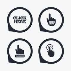 Click here signs. Hand press icons.