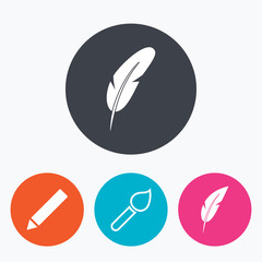 Feather retro pen signs. Brush and pencil icons.