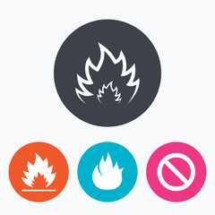 Fire flame icons. Prohibition stop symbol.