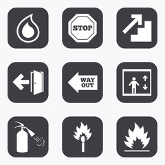 Fire safety, emergency icons. Extinguisher sign.