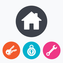 Home key icon. Wrench service tool symbol.