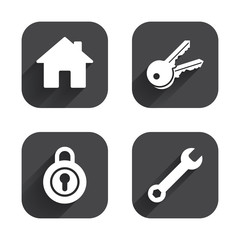 Home key icon. Wrench service tool symbol.