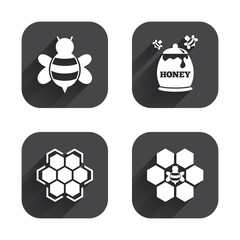 Honey icon. Honeycomb cells with bees symbol.