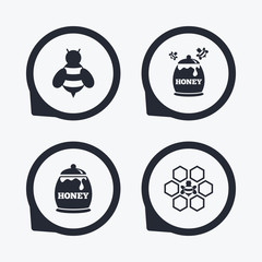 Honey icon. Honeycomb cells with bees symbol.