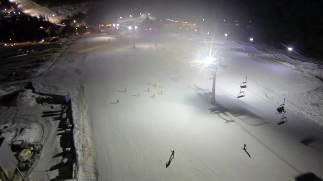 Aerial shot of ski slope the Bukovel resort at night
