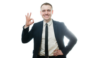 Happy white-collar worker with All right and ok sign isolated background