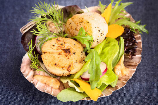 Fresh seared sea scallops salad with mango, radish, avocado on s
