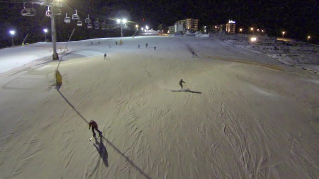 Aerial shot of ski slope the Bukovel resort at night