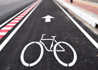 Fototapeta premium White arrow and bycicle sign on lanes road
