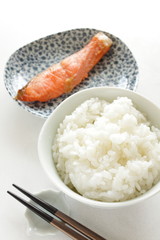  Japanese food, grilled Salmon and rice