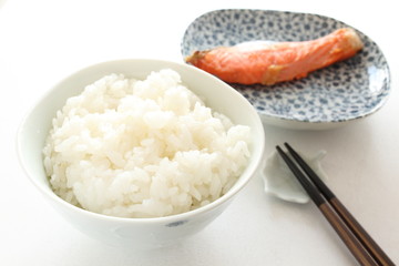  Japanese food, grilled Salmon and rice