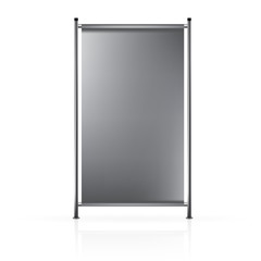 VECTOR ADS: Dark gray blank roll up banner connected to steel side poles on isolated white background. Mock-up template ready for design.