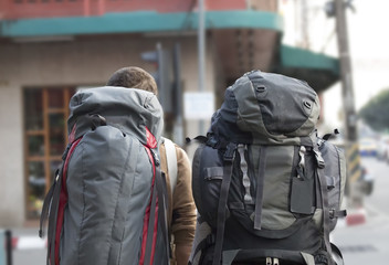 traveler with backpack walking over bright and clipping path  [Blur and Select focus background]