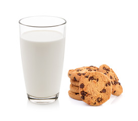Glass of milk and cookies isolated on white