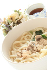 Japanese food, pork Udon noodles wth tea
