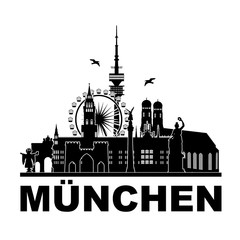M&uuml;nchen Silhouette Sehensw&uuml;rdigkeiten Skyline Vektor Grafik - Liebfrauenkirche Stachus Bavaria Fernsehturm Riesenrad Oktoberfest