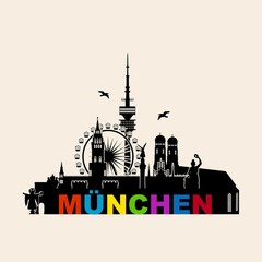 Fototapeta premium München - Umriss Stadtskyline Silhouette Sehenswürdigkeiten bunt