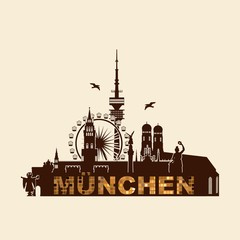 Obraz premium München Silhouette Sehenswürdigkeiten - Liebfrauenkirche Stachus Bavaria Fernsehturm Riesenrad Oktoberfest - Skyline Vektor Grafik