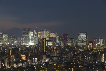 Fototapeta na wymiar 東京都市風景　新宿高層ビル群とシルエットの富士山　夜景