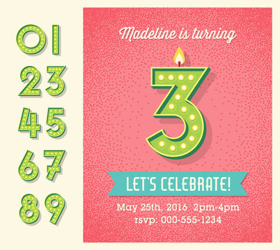 Birthday card invitation design with set of lighted retro numbers. easy to edit.