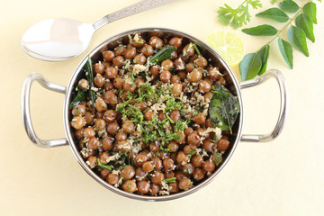 Indian food brown chickpea curry, a healthy vegetarian, traditional and popular side dish.