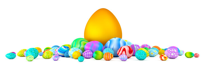 Pile of colorful Easter eggs surrounding a giant golden egg