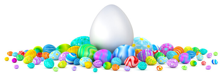 Pile of colorful Easter eggs surrounding a giant white egg