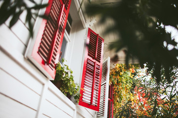 white window with red shutters and leaves