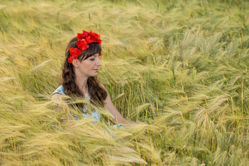 Beautiful brunette lady in wheat field.