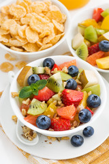 breakfast with fruit salad and corn flakes, vertical, closeup