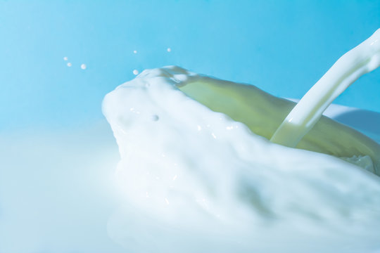 splash of milk, pouring jet stream of milk on a light blue background
