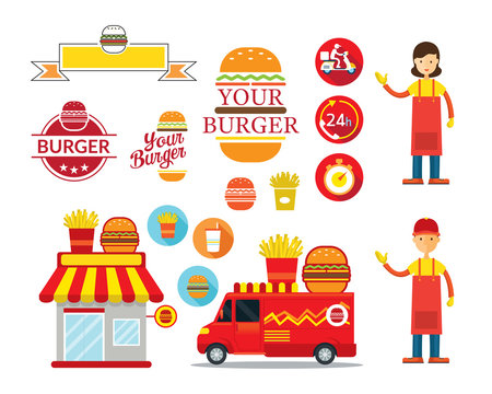 Burger Shop Graphic Elements, Store, Truck, Seller, Cartoon, Icons, Logo