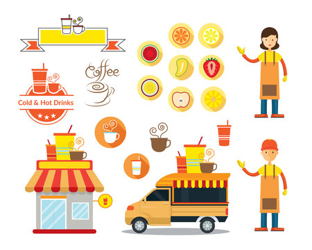 Drinks and Beverage Shop Graphic Elements, Store, Truck, Seller, Cartoon, Icons, Logo