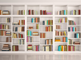 3d illustration of White bookshelves with various colorful books - obrazy, fototapety, plakaty