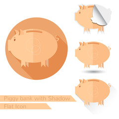 Flat design piggy bank icons vector illustration concepts of finance and business object on white with oval long shadow and folded corner