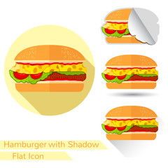 flat hamburger with chees tomato on white with oval long shadow and folded corner