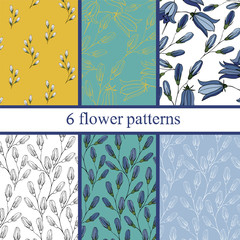 Set of six  seamless flower pattern with bluebells .