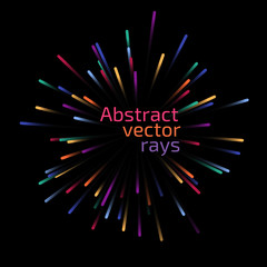 Vector abstract explosive. Illustration with dynamic shapes. Color rays on dark background.
