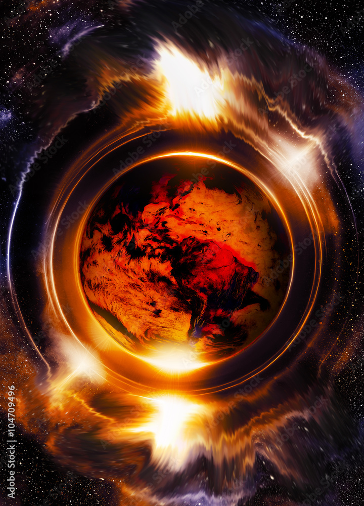 Aufkleber planet earth in light circle, cosmic space background. fire effect. computer collage. earth concept.
