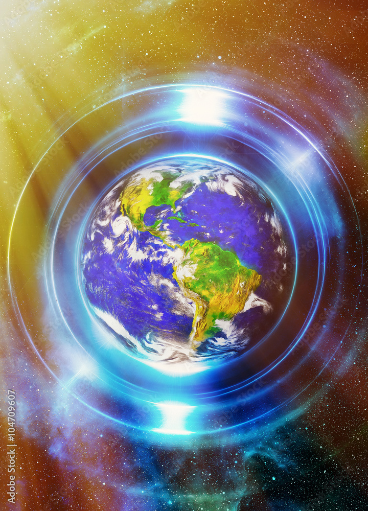 Aufkleber planet earth in light circle, cosmic space background. computer collage. earth concept. planet earth